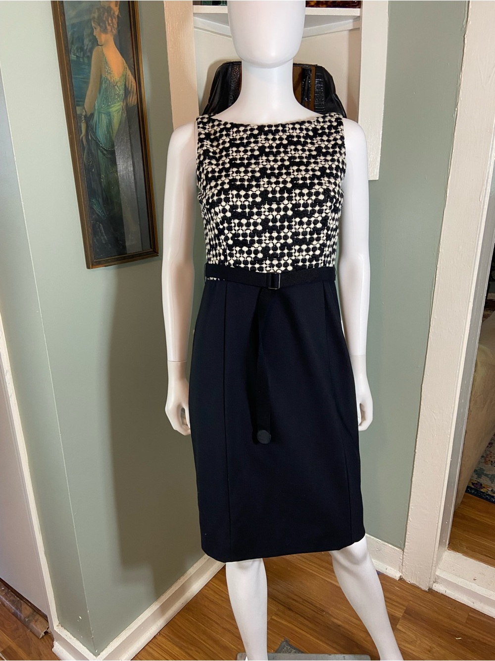 Akris Punto Wool Blend Tweed Mini Shift Sheath Dress Sleeveless Sz 4 Black White